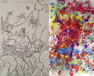 Joe's work from Marvel Age Hulk on the left. Odin's original finger and foot and probably butt painting on the right. 